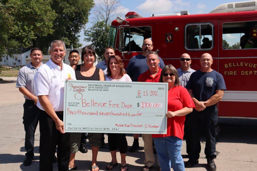 Giving Back - Bellevue Eagles #3912 outfited the entire Bellevue Fire Department with Fire Hoods, which are worn underneath their helmet to protect the head, ears, and neck from burns and block cancer carcinogens. 