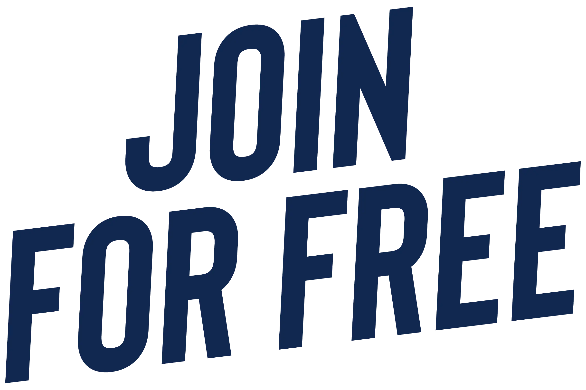 Text in bold, dark blue capital letters reads JOIN FOR FREE on a light background. The letters are slightly tilted and take up most of the image.