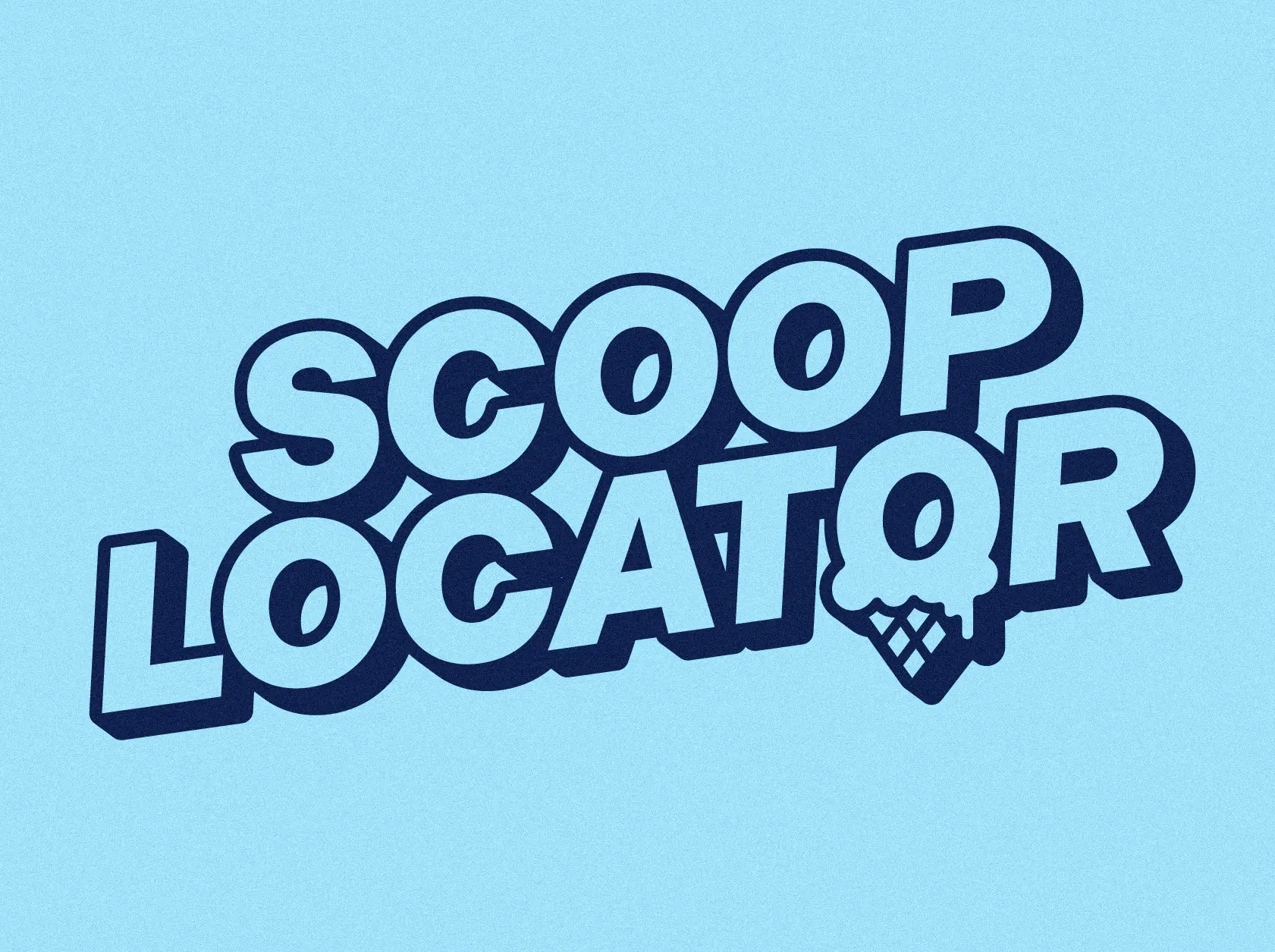 Bold, playful text reading Scoop Locator on a blue background. The letter Q is stylized as an ice cream cone, with a scoop forming the top of the letter.