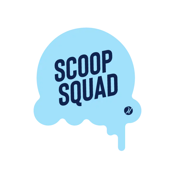 A light blue ice cream scoop shape with the words SCOOP SQUAD in bold navy letters in the center. A small circular logo appears on the lower right side. The background is light gray.